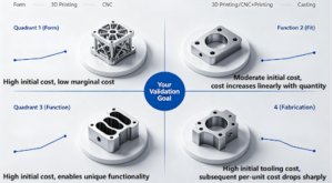 A four-quadrant infographic mapping the core prototyping goals (Form, Fit, Function, Fabrication) to their optimal manufacturing processes (CNC, 3D Printing, Casting, Hybrid) and their respective cost-volume curves, as outlined in the article’s framework.

